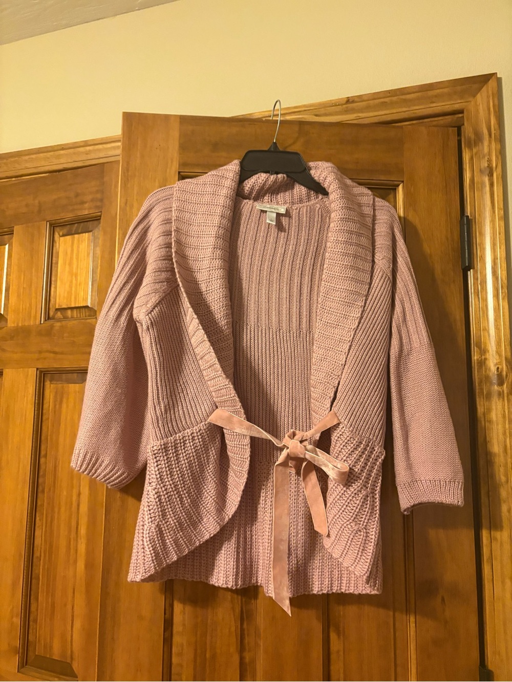 Dress Barn Dusty Pink Ribbed Shawl-Collar Cardigan with Velvet Ribbon Tie